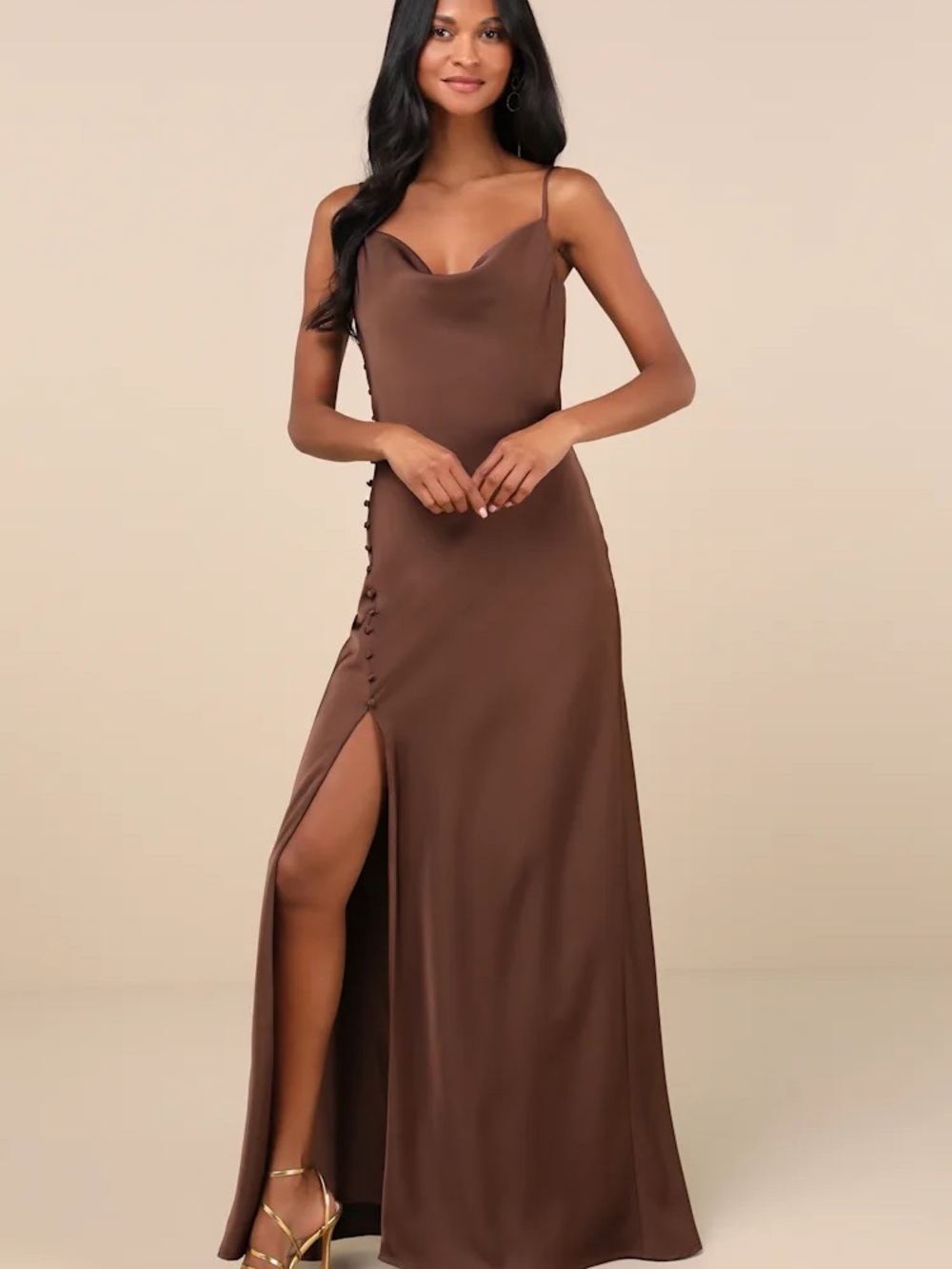 Lulu’s XL Truly a Beauty Dark Brown Satin Cowl Neck Side Button Maxi Dress